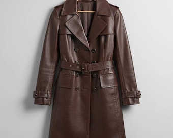 Handmade Brown Leather Trench Coat – 70s Style Long Jacket for Women