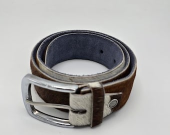 Handmade Black & White Cowhide Leather Belt – Hair-On Hide with Silver Buckle