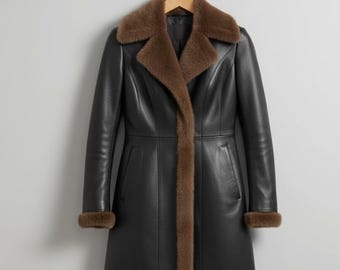 Handmade Black Leather Shearling Coat – Elegant Winter Fur Outerwear for Women