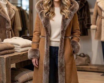 Cozy Brown Shearling Coat – Elegant Fox Fur Hooded Long Winter Wear