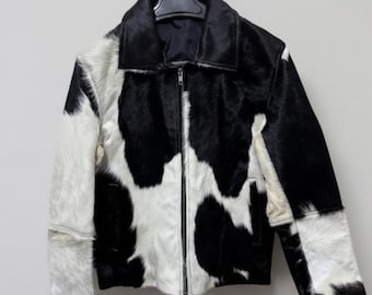 Men’s Cowhide Leather Jacket, Cow Print Biker Coat, Rodeo Western Fashion