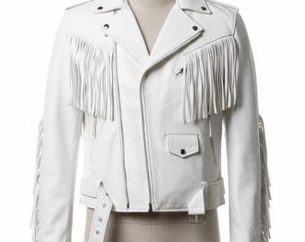 Handmade White Leather Jacket – Western Fringe Moto Coat for Women, Festival Outfit