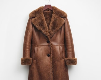 Handmade Brown Shearling Coat – Genuine Sheepskin Coat, 70s Winter Fashion