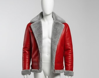 Handmade Red Shearling Jacket for Men, Vintage Aviator B3 Sheepskin Coat