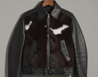 Handmade Black Calfskin Leather Biker Jacket with Pony Hair