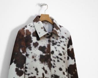 Brown Hair on Cowhide Leather Jacket, Handmade Cow Print Coat, Western Biker Style