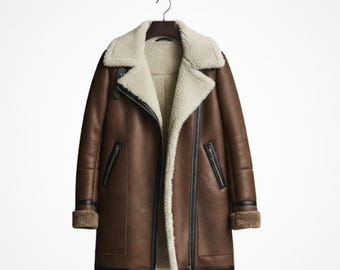 Handmade Dark Brown Leather Shearling Jacket – B3 Bomber Flight Pilot Style