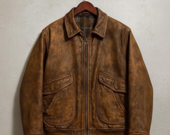 Handmade Brown Leather Bomber Jacket – Vintage Style Aviator Coat
