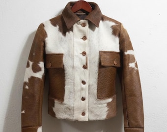 Handmade Brown & White Cowhide Jacket — Hair-On-Hide Western Biker Trucker Coat