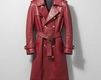 Handmade Red Leather Trench Coat – Womens Statement Outerwear, Luxury Gift