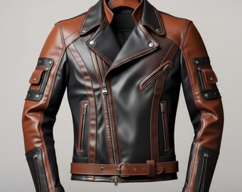 Handmade Brown & Black Leather Biker Jacket, Custom Motorcycle Jacket for Men