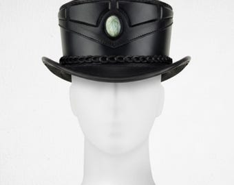 Handmade Black Leather Steampunk Top Hat with Gemstone Accent for Men
