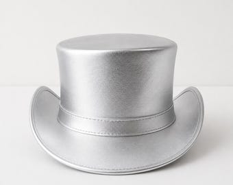 Handmade Metallic Silver Leather Top Hat: Steampunk Mad Hatter Cosplay