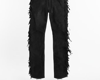 Handmade Black Suede Fringe Pants – Mens Western Trousers for Festival Wear