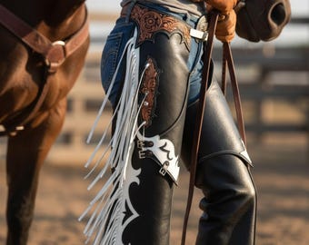 Custom Western Leather Chaps with White Fringe, Handmade Rodeo Gear for Men.