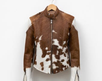 Cow Print Leather Jacket, Handmade Hair on Cowhide Coat, Western Leather Outfit