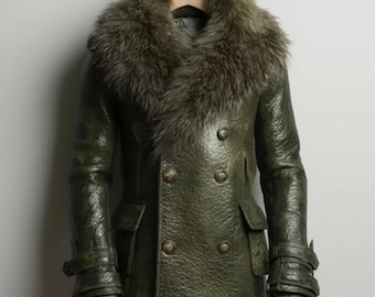 Handmade Green Leather Shearling Coat – Winter Military Officer Style