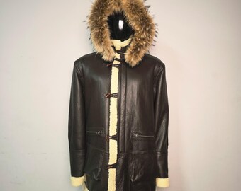 Vintage Men's Brown Sheepskin Shearling Leather Duffle Coat, a Timeless Classic Winter Jacket