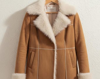 Handmade Camel Penny Lane Coat - 70s Style Faux Fur Shearling Jacket