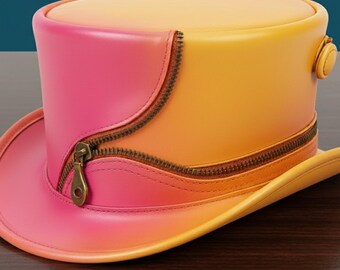 Handmade Pink Orange Leather Top Hat – Zipper Festival Hat Gift for Her