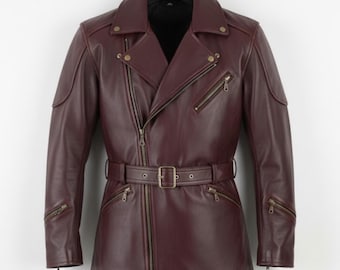 Handmade Maroon Real Leather Biker Jacket – Mens Motorcycle Coat
