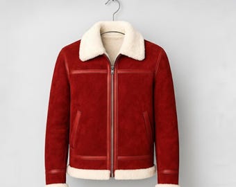 Handmade Red Suede Shearling Jacket – Men’s B3 Bomber Aviator Coat