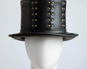 Handmade Black Leather Studded Top Hat | Steampunk Gothic Victorian Festival Costume Hat