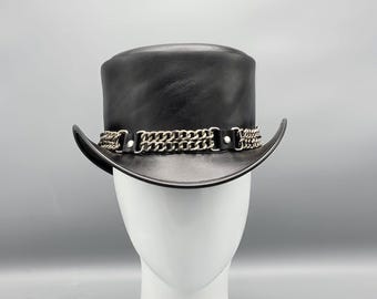 Black Leather Top Hat with Chain Band – Handmade Gothic Steampunk Hat