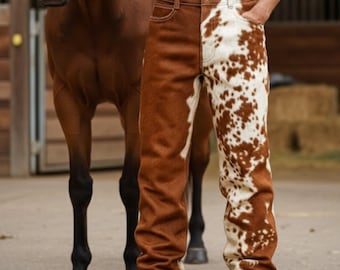 Handmade Brown Cowhide Pants – Men's Western Pants, Rodeo Patchwork Jeans.