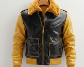 Handmade Black and Yellow Faux Leather Bomber – Men's Aviator Jacket
