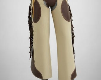 Handmade Two-Tone Leather Western Chaps – Custom Cowboy Fringe Rodeo Riding Biker Gear