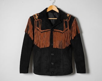 Men’s Black  Fringe Jacket | Handmade Western Suede Coat | Beaded Cowboy Style Jacket