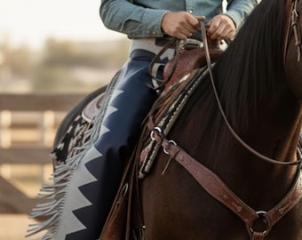 Handmade Navy Blue Leather and Grey Suede Western Chaps with a long flowing fringe.