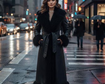 Handmade Black Faux Shearling Coat – Long Penny Lane Coat for Women, Winter Gift