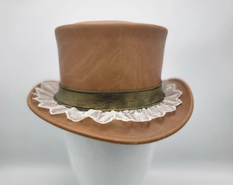 Handmade Brown Leather Steampunk Top Hat with Lace Trim | Vintage Cosplay Gothic Festival Accessory