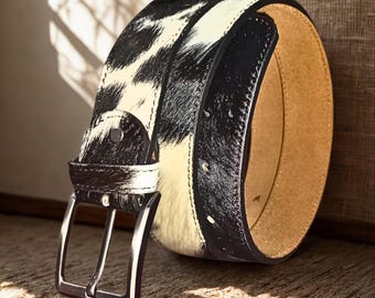 Handmade Cowhide Leather Belt – Brown Cowboy Western Cow Print Belt for Men