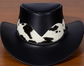 Handmade Black Leather Cowboy Hat Cow Print Band – Western Rodeo Style