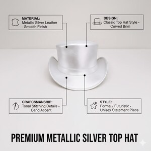 May include: A premium metallic silver top hat. The hat is made of metallic silver leather with a smooth finish. It features a classic top hat style with a curved brim. The hat has tonal stitching details and a band accent. The style is formal and futuristic.