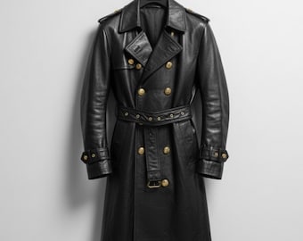 Handmade Black Leather Trench Coat – Men's Military Style Full Length Duster Jacket