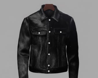 Black Cowhide Hair-on-Hide Trucker Jacket: Western Y2K Leather