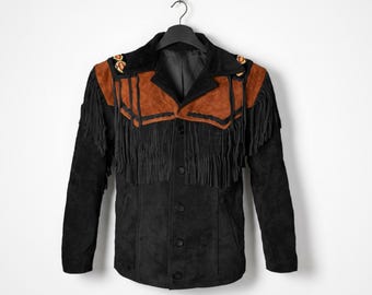 Handmade Black Suede Fringe Jacket – Mens Western Cowboy Style Coat