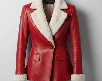 Handmade Red Leather Jacket – Women's Shearling Coat, Winter Fashion Gift
