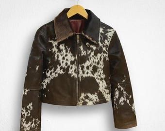Brown Cowhide Leather Jacket, Handmade Hair on Hide Coat, Western Cow Print Jacket