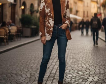 Handmade Cowhide Jacket, Brown Hair on Hide Coat, Western Rodeo Style Blazer