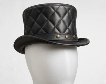Black Leather Steampunk Top Hat | Handmade  Gothic Victorian Festival Cosplay Hat for Men