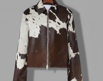 Cow Print Motorcycle Jacket, Real Leather Cowhide Coat, Handmade Western Blazer