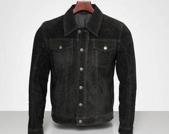 Handmade Black Suede Trucker Jacket, a Timeless Gift for the Modern Man