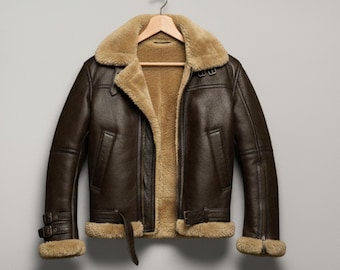 Handmade Brown Sheepskin Shearling Jacket – Men's B3 Bomber Jacket for Winter