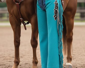 Turquoise Suede Fringe Chaps, Custom Western Wear for the Modern Rodeo Queen Cowgirl.