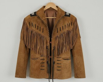 Handmade Brown Suede Jacket – Men's Western Fringe Jacket with Native Beading
